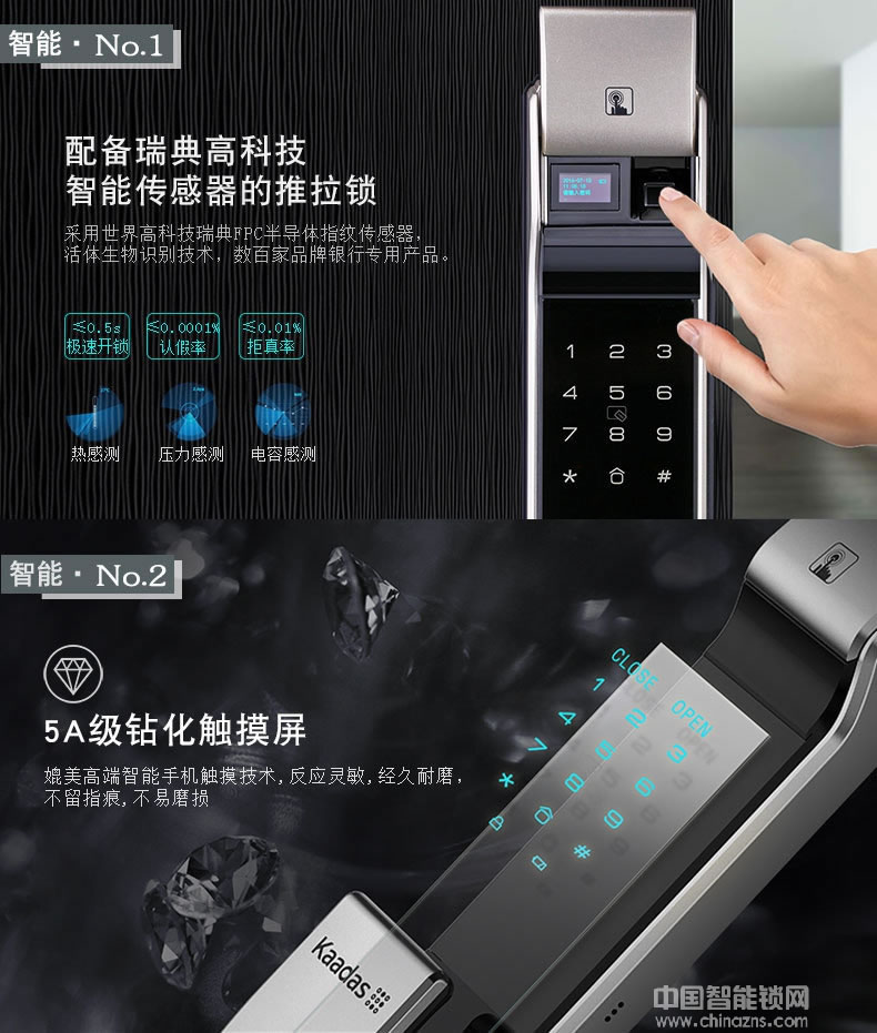 英硕指纹锁 凯迪仕指纹锁 推拉式云智能锁